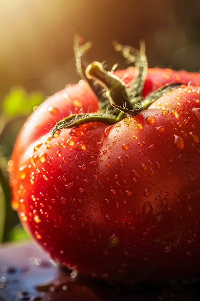 A close-up shot of a ripe, red tomato covered in water droplets, basking in the warm glow of sunlight. The tomato's skin is smooth and glistening, reflecting the light. The image captures the essence of freshness and the beauty of nature's bounty.