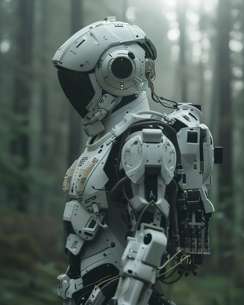 The image shows a white, humanoid robot in a forest. The robot's head is covered in a helmet with a large visor and numerous details, reminiscent of a futuristic soldier. The robot's body is made of segmented, interlocking plates with visible wiring and joints. Its mechanical arm and hand are particularly detailed, with textured metal and wires. The robot appears to be facing the left side of the image, looking towards a blurred background of trees. The overall impression is one of technological advancement and an unsettling presence in a natural setting.