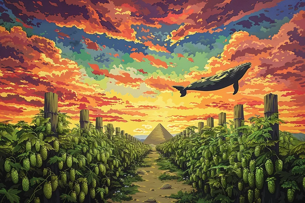 A whimsical painting depicting a vast field of hop plants growing along a dirt path leading to a distant pyramid. A black whale soars through a vibrant, colorful sky filled with fluffy clouds. The scene creates a surreal and dreamlike atmosphere, blurring the lines between reality and fantasy.
