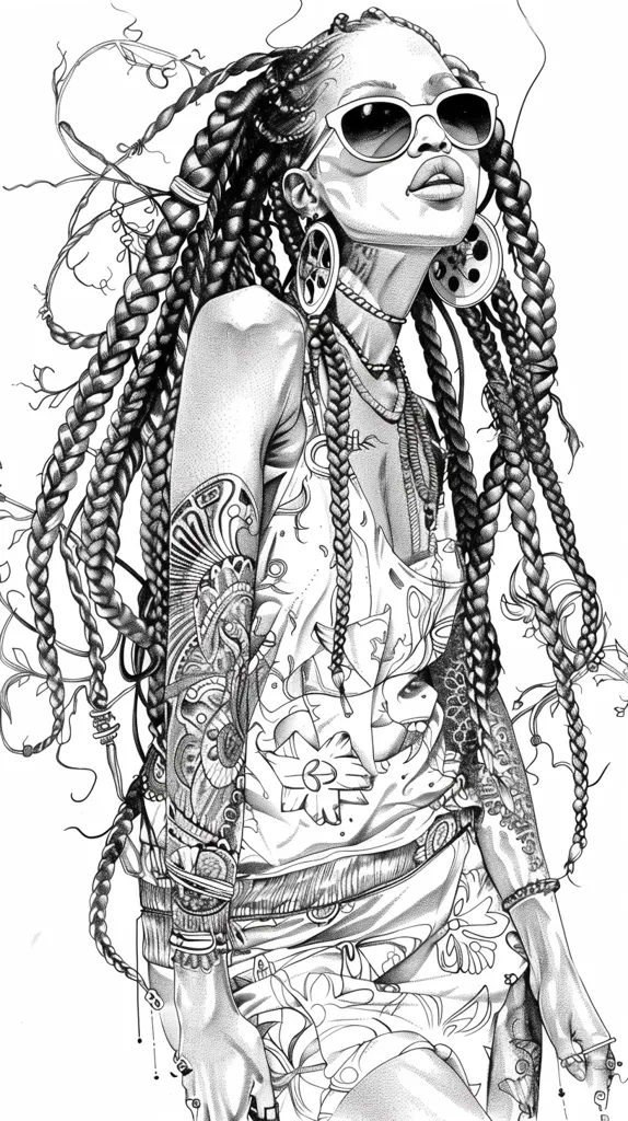 A detailed black and white illustration of a woman with long, braided hair. She is wearing sunglasses, earrings, and a floral patterned top. The woman has tattoos on her arms and a belt around her waist. Vines and flowers surround her, adding to the artistic and intricate design. The artwork focuses on the woman's facial expressions and detailed features, creating a sense of depth and character.