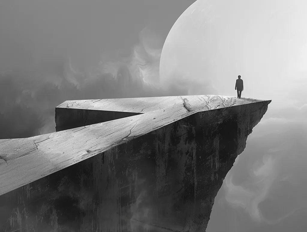 A solitary figure stands at the edge of a large, concrete platform. The platform is shaped like an arrow, pointing towards a large, white orb in the distance. The background is filled with swirling clouds, giving the image a sense of mystery and isolation. The figure's silhouette is stark against the bright orb, suggesting a journey into the unknown. The overall mood is one of contemplation and uncertainty, as if the figure is contemplating the path ahead.