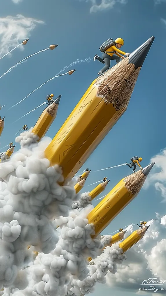 A man in a yellow jumpsuit rides a giant yellow pencil through the clouds. The pencil is shooting out smoke, leaving a trail behind it. Other small figures are seen riding smaller pencils flying in the sky. The image is a surreal and imaginative depiction of the power of knowledge and creativity.