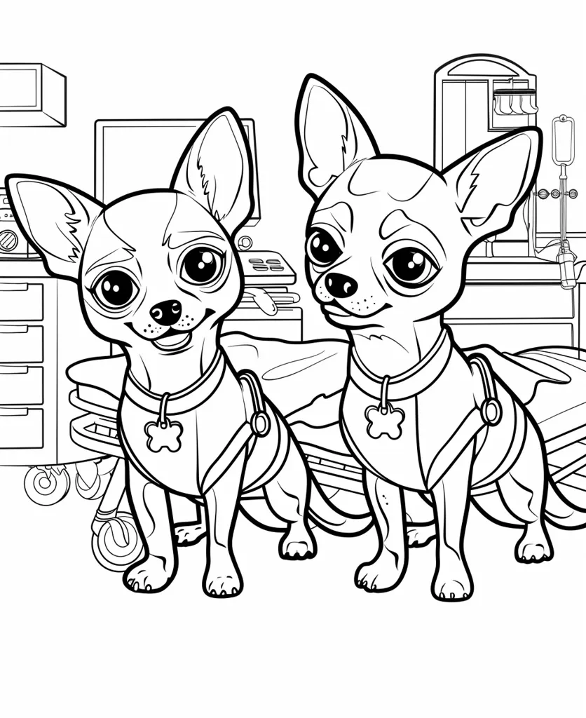 Two cartoon chihuahuas are sitting on a hospital gurney.  The dogs have big eyes and wear collars with tags. They are both wearing harnesses and looking at the viewer. There is medical equipment in the background, like an IV pole and a computer monitor.  The image is drawn in black and white.