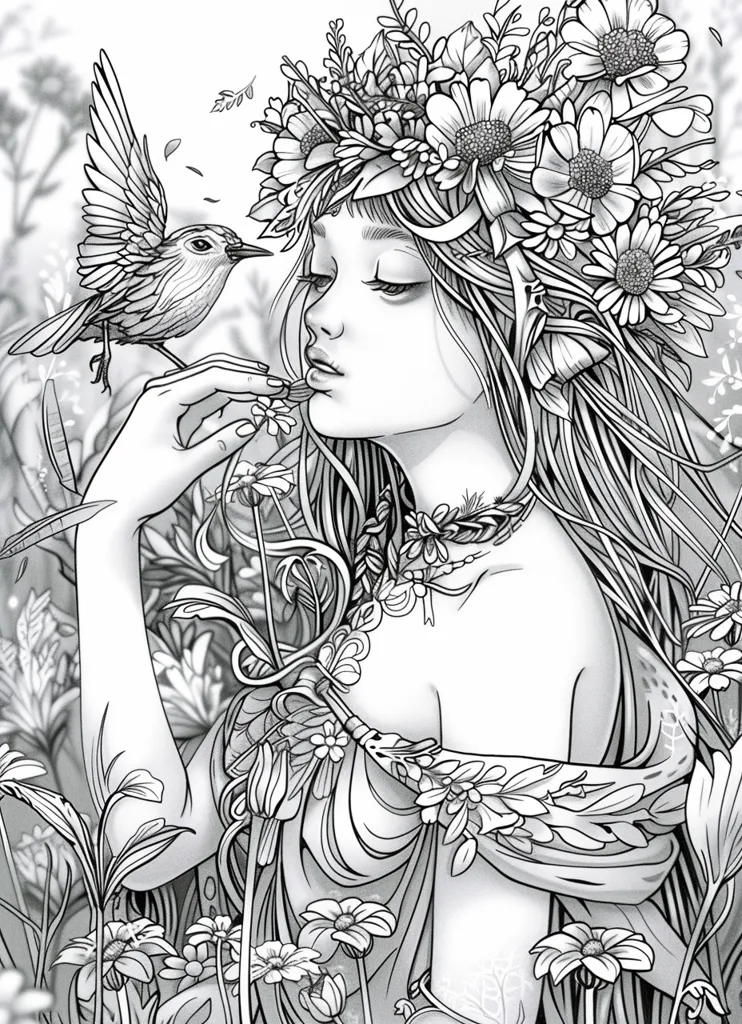 The image depicts a woman with long flowing hair, adorned with a flower crown. She is surrounded by intricate floral designs and a small bird perched on her finger. The woman’s delicate features and the floral motif create a serene and ethereal atmosphere. The image is drawn in a detailed, realistic style, highlighting the beauty of nature and the connection between humans and the natural world.