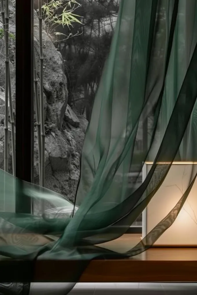 A sheer green curtain drapes over a window, partially obscuring the view of a rock face and trees beyond. The curtain is flowing in the breeze, creating soft, undulating lines. Sunlight streams through the fabric, casting a warm glow on the surrounding area. The image evokes a sense of serenity and tranquility.