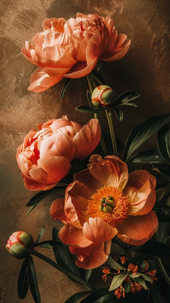 A close-up of a bouquet of peach-colored peonies, in full bloom, with green leaves and stems against a brown background. The soft light illuminates the delicate petals and intricate details of the flowers.  The image evokes a sense of beauty, fragility, and the fleeting nature of time.