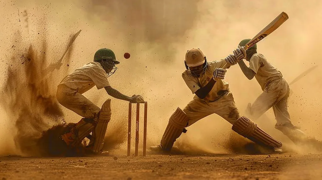 A cricket match in progress, captured in a cloud of dust.  A batsman in white, wielding a bat, faces a bowler.  A fielder dives,  a red ball flies through the air, and wickets stand in the background. The scene is a testament to the passion and energy of the game.  The image is full of action, captured in a dynamic composition.