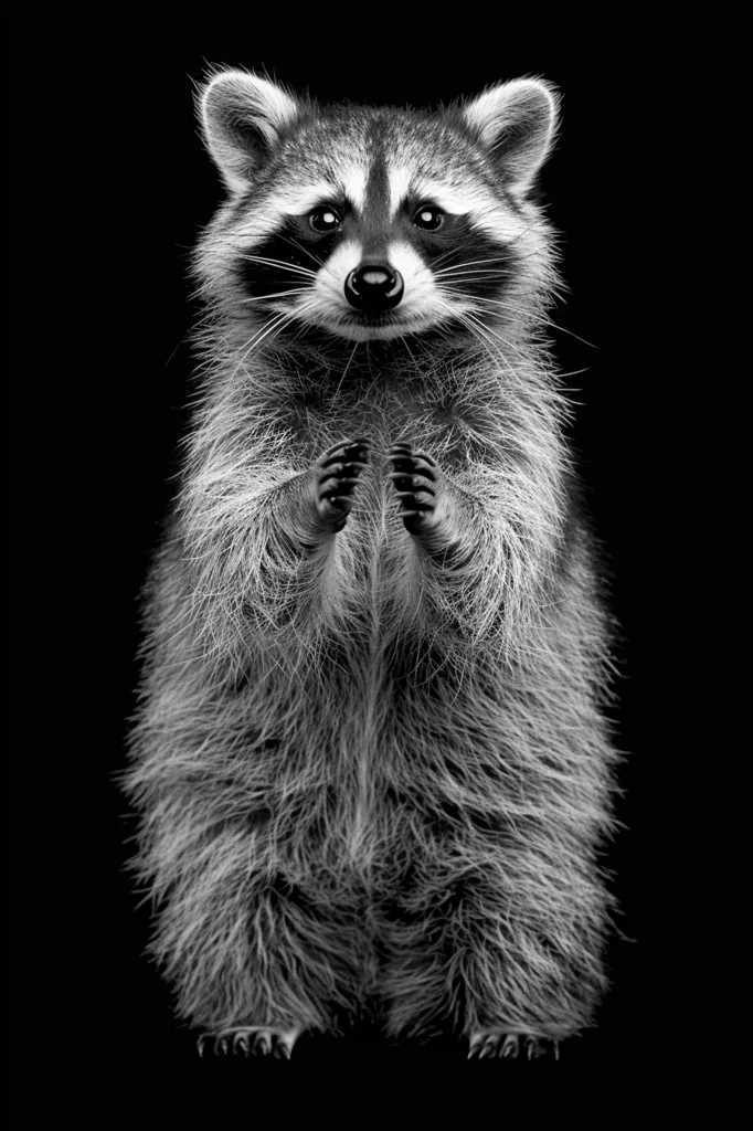 A black and white photo of a raccoon standing on its hind legs, facing the camera. Its fur is fluffy and its paws are raised in front of it. Its eyes are dark and expressive, its face is masked with black fur, and its tail is out of view. The background is black, creating a stark contrast with the raccoon. The image captures the raccoon's curious and playful nature.