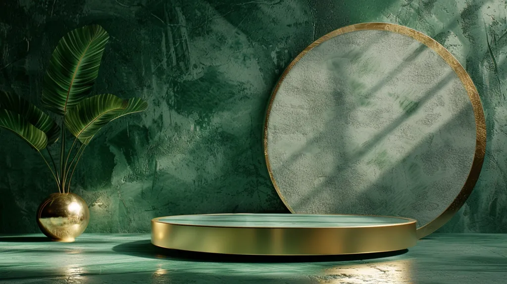 A gold platform sits in the foreground, against a backdrop of green textured wall.  The platform is circular and sits on a green floor, with a large circular frame behind it.  There is a golden vase with green leaves on the left side.  Sunlight illuminates the scene.  The image has a minimalist, modern feel.