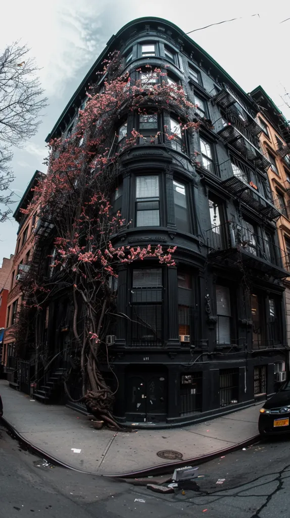 A black, multi-story building with many windows and a fire escape. A tree with pink blossoms grows in front, its roots reaching into the sidewalk. The building is on a corner, with a car parked nearby and the street curving away from the building.  The street is paved and there are some pieces of litter scattered about. The sky is cloudy and grey.
