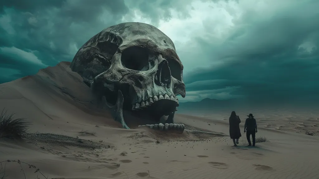 A massive, skeletal skull emerges from a vast desert landscape, its imposing presence casting a shadow over the sand dunes. Two figures walk towards the skull, their silhouettes dwarfed by its immensity. The sky above is a swirling mass of dark, ominous clouds, adding to the eerie atmosphere. The scene evokes a sense of desolation and mystery, hinting at a story of forgotten times and a world on the brink of collapse.