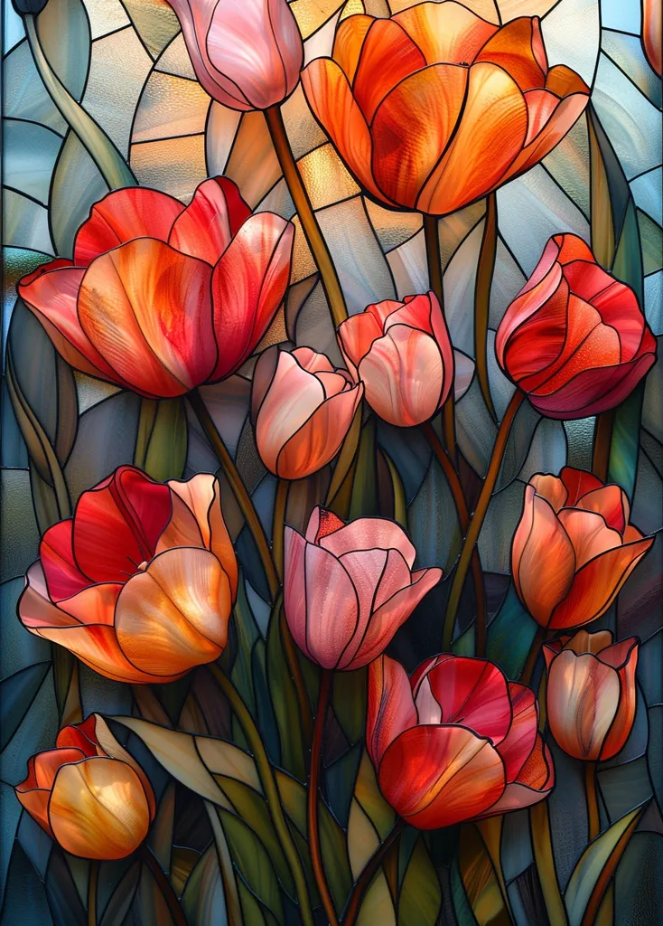 A stained glass window depicting a bouquet of tulips in various shades of red, pink, and orange. The glass pieces are arranged in a geometric pattern, creating a sense of depth and texture. The background is a blend of blue and green hues. The overall effect is vibrant and colorful.