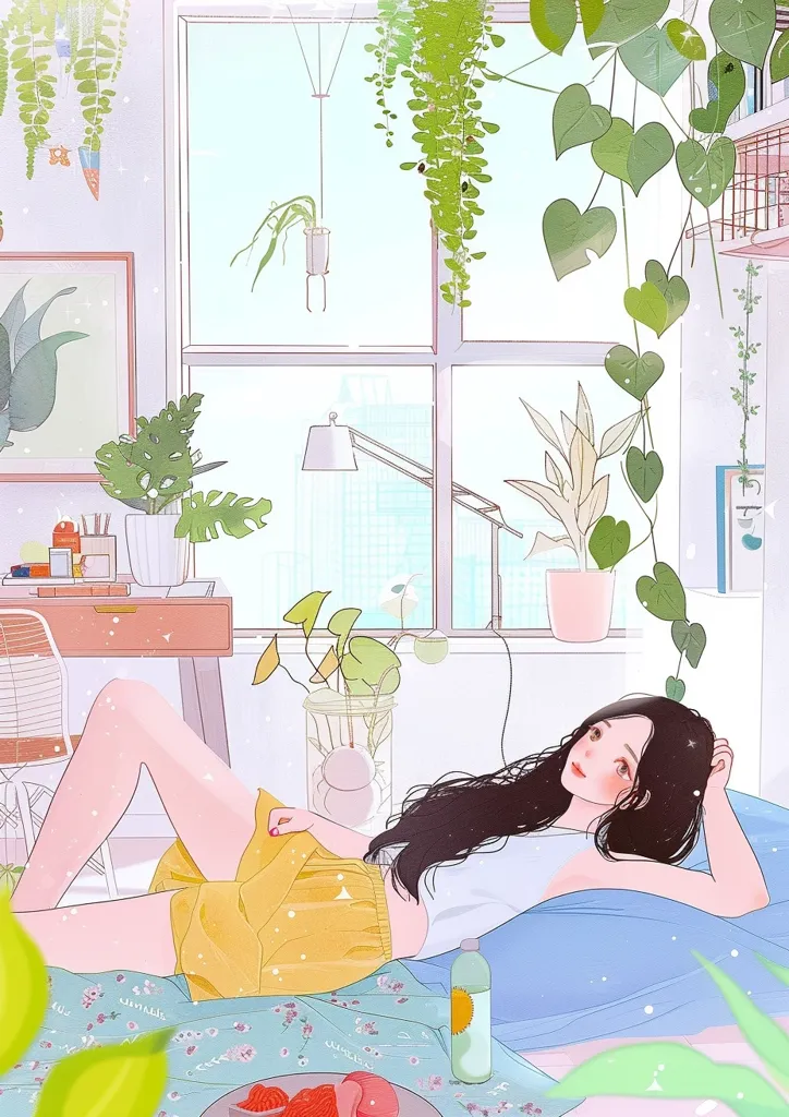 A young woman with long black hair is lying on a bed in a light-filled room with a large window. She is wearing a yellow skirt and a white top. Plants are seen hanging from the window and a desk with various plants is also visible. The room has a very relaxed and serene atmosphere.