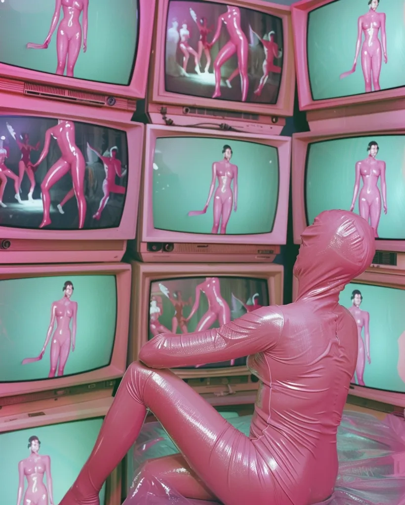 The image shows a person wearing a pink latex suit sitting in front of a wall of televisions. The televisions are all displaying images of women in pink latex suits. The scene is surreal and suggestive. The light pink color of the suits and the televisions creates a dreamlike atmosphere. The person's face is obscured by the suit's hood, adding an air of mystery. The overall effect is one of playful voyeurism and the exploration of femininity.