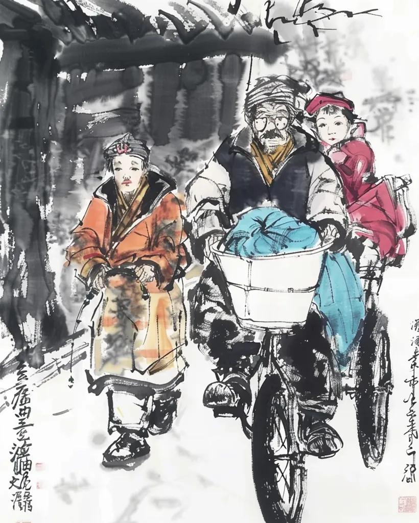 The image is a traditional Chinese ink painting depicting a family riding a bicycle. The father, wearing a black coat, is pedaling, while his two children sit behind him. The younger child, wearing a red coat, is looking back at the viewer. The painting is done in a loose, expressive style with bold brushstrokes. The background is a blurry, ink wash, giving the impression of movement. The painting evokes a sense of family, togetherness, and joy.  The painting is also reminiscent of traditional Chinese family life, with the father providing for his children.