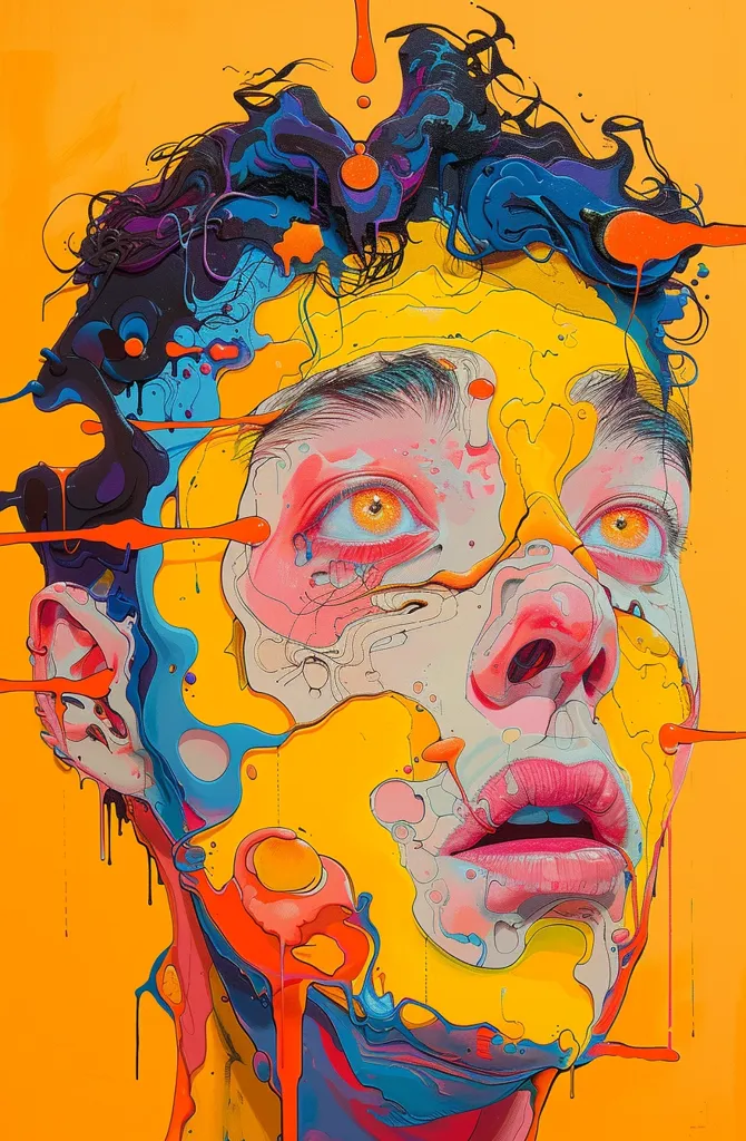 The image is a close-up portrait of a person's face, rendered in a vibrant and abstract style. The face is predominantly yellow, with splashes of blue, red, and orange paint. The eyes are large and expressive, with bright orange pupils. The person's mouth is slightly open, as if in surprise or awe. The overall effect is one of surrealism and beauty.