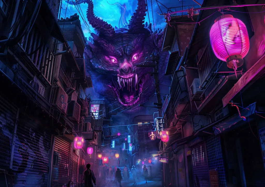 A purple, demonic creature with glowing red eyes looms over a narrow, neon-lit alleyway in a densely populated Asian city. The creature's gaping maw is filled with sharp teeth, and its form is obscured by the dark, shadowy buildings on either side.  Pink lanterns hang from the buildings, casting an eerie glow on the scene. A few figures walk through the street, oblivious to the looming danger.  The image has an unsettling, almost apocalyptic feel.