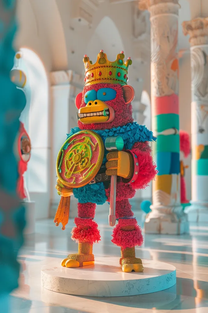 A brightly colored, cartoon-like monkey figurine stands on a white pedestal in a brightly lit room. The monkey is wearing a golden crown, a blue and pink fur coat, and holding a golden shield and a hammer. It is a playful and whimsical depiction of a royal figure, adding a vibrant touch to the room. The monkey is the focus of the image, set against a backdrop of white walls and colorful pillars.  The overall scene is bright, playful, and full of personality.
