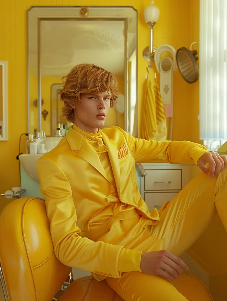 A young man with curly blonde hair sits in a yellow barber's chair, wearing a bright yellow suit. He gazes directly at the camera with a serious expression. The room is decorated in a vibrant yellow color scheme, creating a striking and playful contrast. The overall image has a retro feel, reminiscent of a 1970s barber shop.