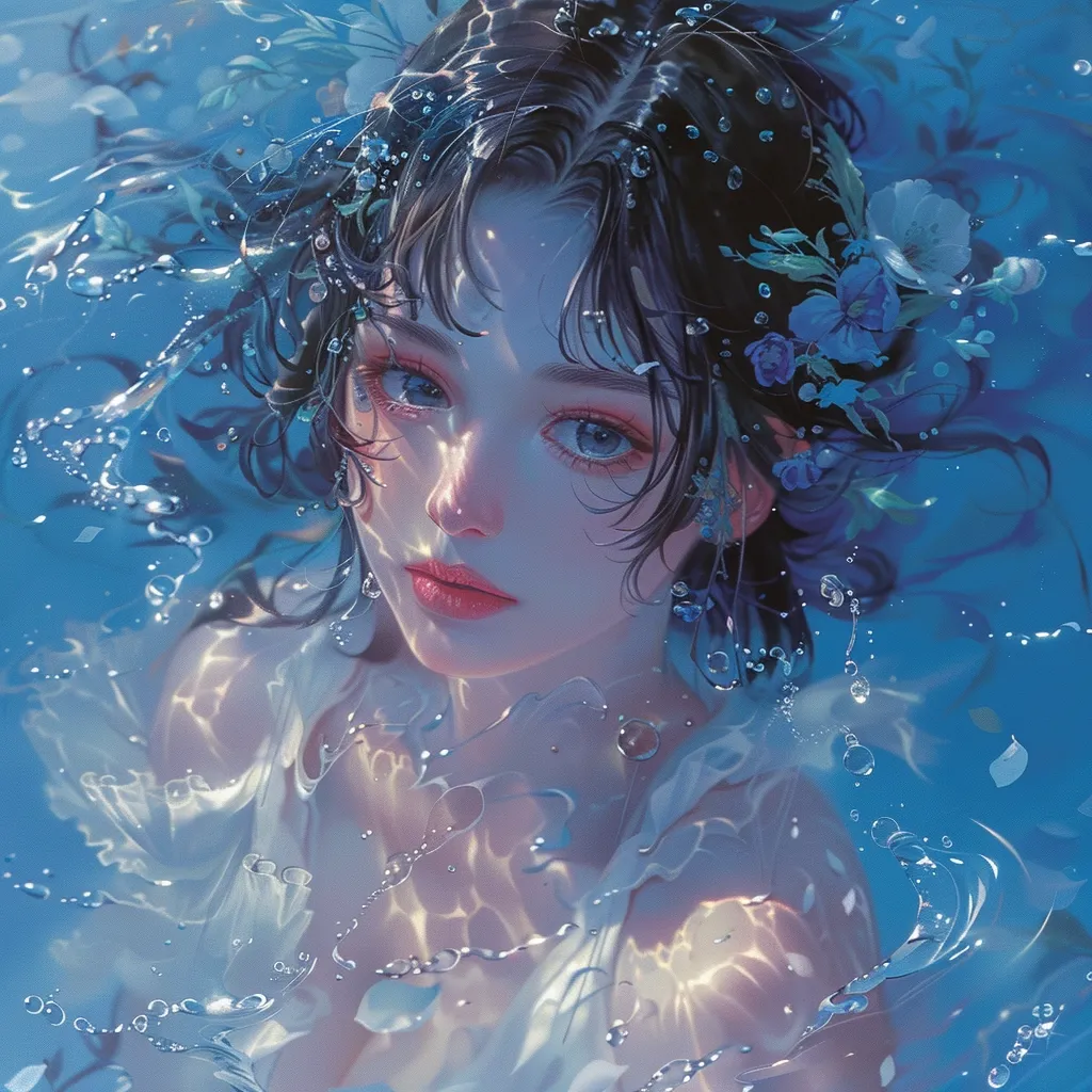 The image depicts a young woman with long dark hair, wearing a white dress, submerged in a pool of water. Her hair is adorned with delicate blue flowers, and sunlight filters through the water, creating a shimmering effect. The woman's eyes are closed, and her expression is serene, as if she is lost in thought or a moment of quiet contemplation.  The overall mood of the image is peaceful and ethereal.