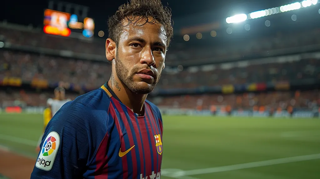 Neymar Jr. is seen in a close-up shot, wearing the Barcelona FC jersey, his gaze directed towards the right side of the frame. The image captures him during a match, as the stadium stands filled with fans are visible in the background, with the field and the white lines in focus. The stadium's lights create a bright halo around the player. The Liga logo is prominent on his sleeve.  The image conveys his intensity and determination on the field.