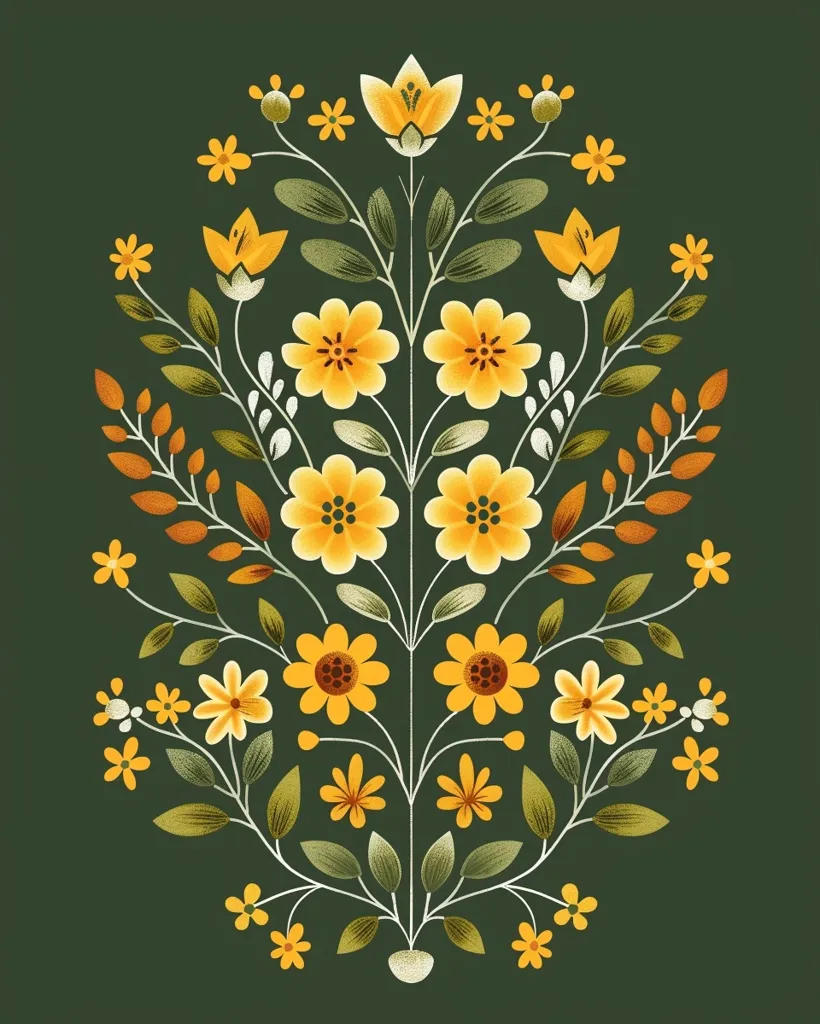 A symmetrical floral arrangement in a teardrop shape. Yellow flowers of various sizes and shapes are arranged on green stems and leaves against a deep green background. Smaller yellow flowers and buds create a delicate border around the arrangement. The illustration has a stylized, retro feel.
