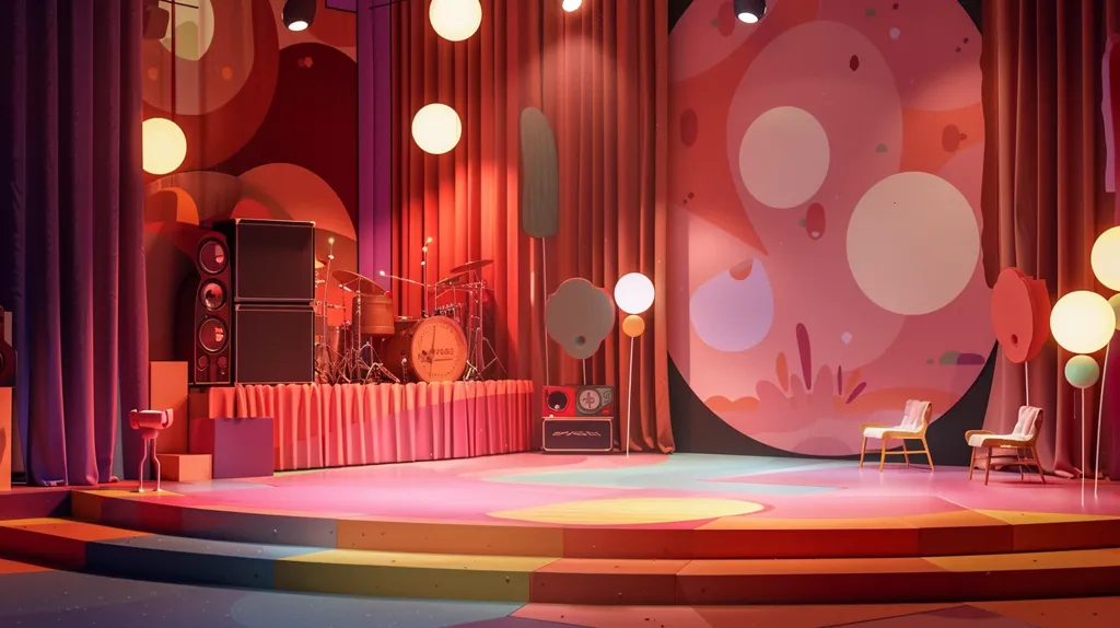 A stage is set with a drum set, amplifiers, and two chairs. It's decorated with red curtains and a colorful, abstract mural behind. The stage has multiple levels and is lit by spotlights and hanging lamps. The scene has a retro, playful feel with its bright colors and geometric shapes.
