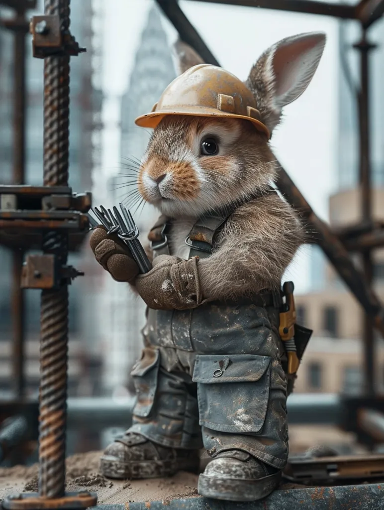 A brown bunny wearing a yellow hard hat and blue overalls is standing on a construction site. The bunny is holding a metal object in its paws and looks serious. The bunny is surrounded by scaffolding and metal beams. The background is blurry and out of focus. The image is humorous and whimsical, showing a bunny working on a construction site.