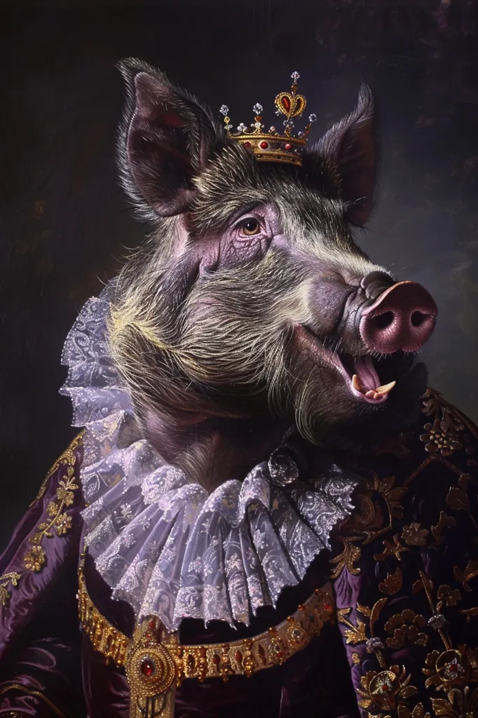 A black pig with a crown of gold and red jewels is wearing a purple velvet and gold trimmed jacket.  The pig has a large, white, lacy collar, and is smiling. The background is a dark, mottled, green and brown. The pig looks regal and proud.