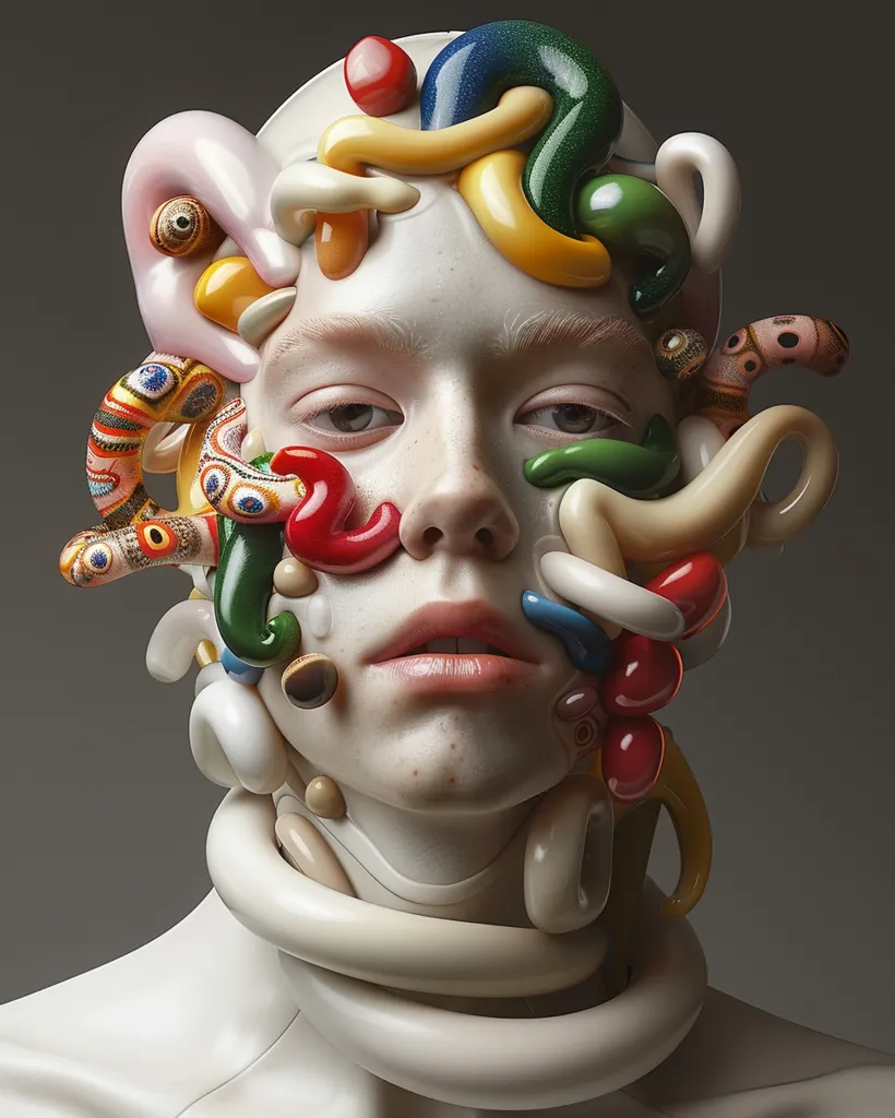 A person's face is covered in colorful, abstract, organic shapes. The shapes are reminiscent of worms, tubes, and other bodily forms, creating a surreal and unsettling image. The person's expression is neutral, their eyes wide open,  and they appear to be looking directly at the viewer. The image suggests a sense of unease and discomfort.