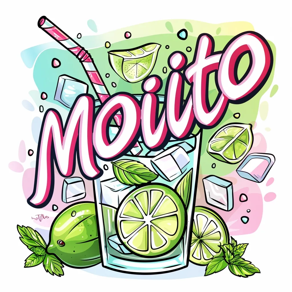 A vibrant illustration of a mojito cocktail. The glass is filled with ice, lime wedges, and mint leaves. A pink and white striped straw sticks out of the glass. The word "Mojito" is written in pink and white letters across the top of the image, with green and blue splashes behind it.
