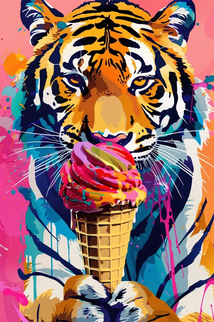 A tiger with a large orange, black, and white striped face is depicted against a pink and blue abstract background, holding a melting ice cream cone with a triple scoop of pink, yellow, and white ice cream. Its expression is fierce, yet playful, with a hint of mischief. The image is rendered in bold, colorful, stylized brushstrokes, creating a vibrant and whimsical feel.