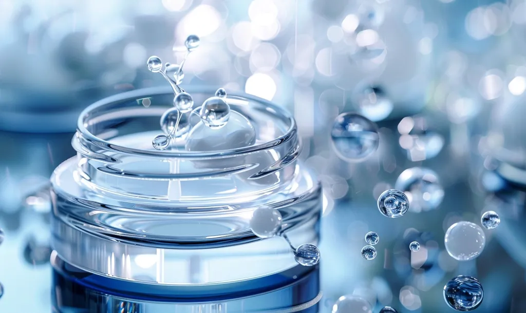 A close-up of a glass jar of moisturizer. The jar is filled with a clear liquid and a chain of bubbles floats above it.  Other bubbles are scattered in the background, creating a sense of hydration and purity. The image has a soft blue tone and a dreamy, ethereal feel.