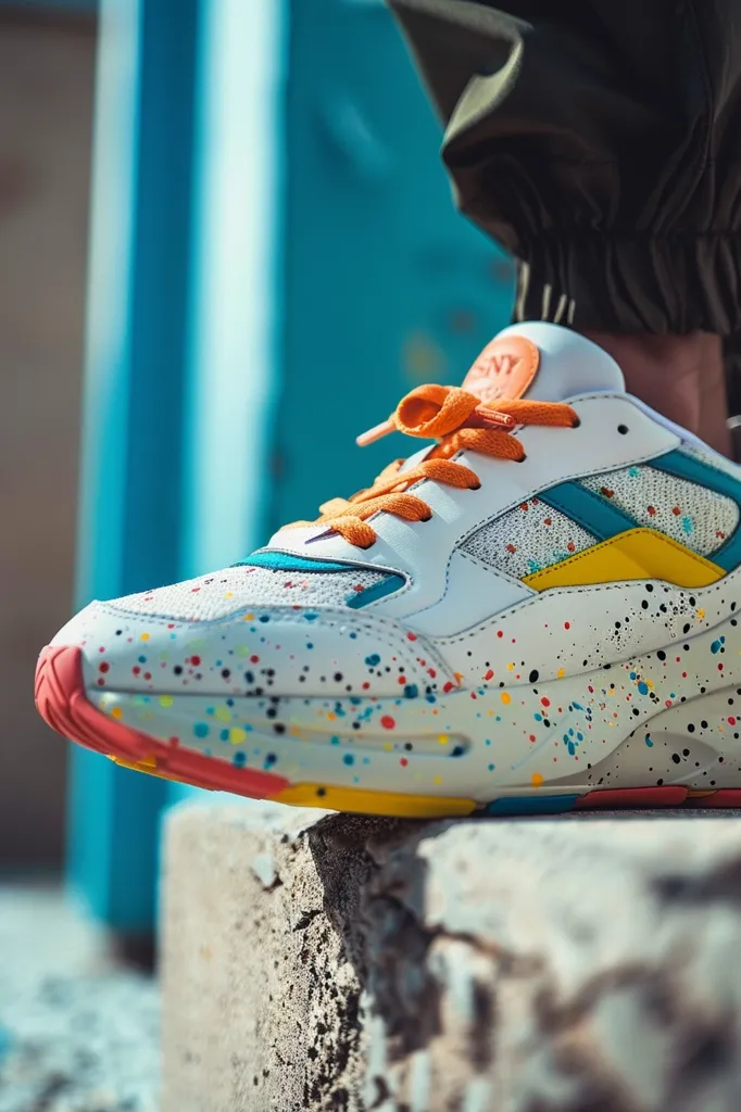 A white sneaker with colorful paint splatters sits on a concrete edge. The shoe has a bright orange lace and a teal and yellow design. The sneaker is worn by someone wearing khaki pants. The background is a bright blue wall.