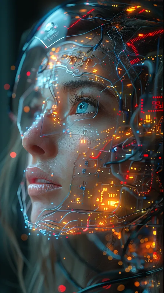 The image shows a woman's face with a futuristic helmet on, with glowing lights and circuitry visible. The helmet is translucent, revealing her face and highlighting the complexity of the technology. The woman's expression is serene and curious, as she stares forward. The image suggests a blend of human and machine, with the technology appearing both integrated and invasive. The background is dark and blurred, focusing attention on the woman and her face.