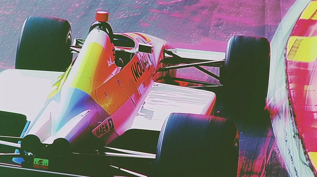 A Formula 1 car, with a vibrant rainbow livery, races around a corner. The car is in motion, with blurred background and wheels spinning. The image is dominated by vibrant colors, and the car's sleek design is evident. The blurred background highlights the speed and energy of the moment.