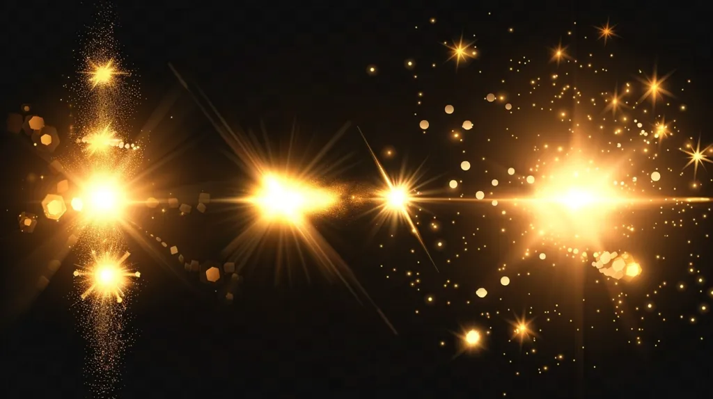 The image is a digital illustration of a dark background with three bright, golden lights. The lights are surrounded by a shower of glittering particles, giving the impression of twinkling stars or fireworks. There are also smaller lights scattered throughout the image, contributing to the overall sense of sparkle and celebration. The composition is visually striking and evocative of a magical or festive atmosphere.