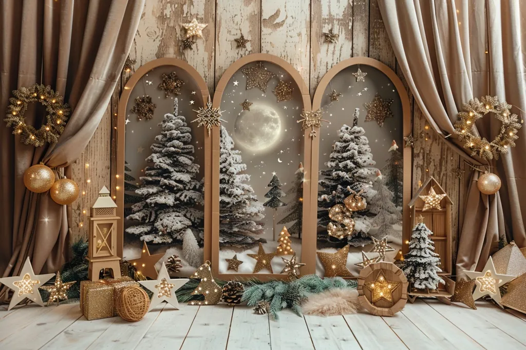 A rustic Christmas scene with three arched windows showcasing snowy trees and a full moon.  The windows are adorned with twinkling lights and stars.  The room is decorated with gold ornaments, wreaths, and a lantern.  Tan curtains frame the scene, adding warmth and charm.  The wooden floor is perfect for showcasing Christmas gifts and decorations.
