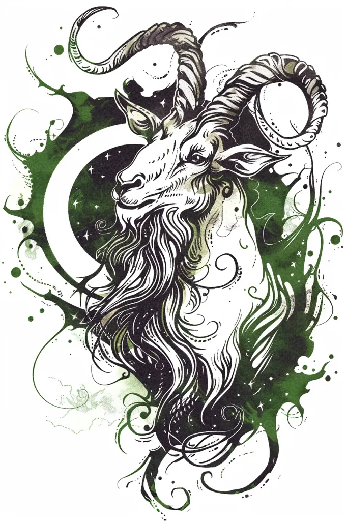 The image features a black and white illustration of a goat's head with large, curved horns. The background is a watercolor-style wash of green and white with a crescent moon shape. There are swirls and flourishes throughout the image, adding a whimsical touch. The goat's expression is fierce and alert. The image evokes a sense of strength, power, and perhaps even a touch of danger.