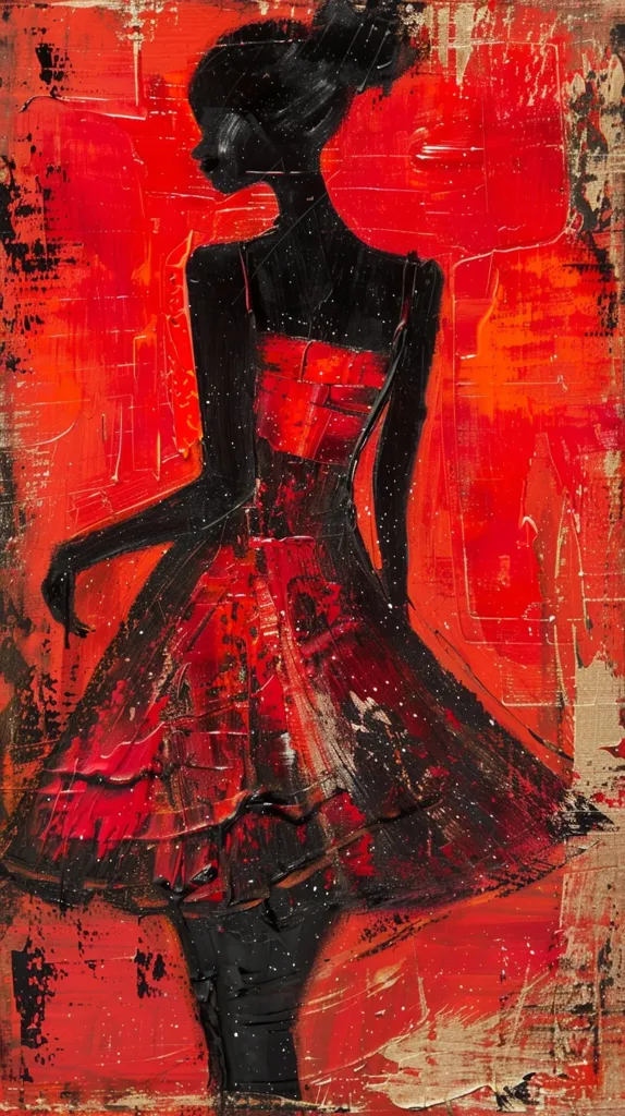 The painting features a silhouette of a woman in a red dress, standing against a red background with gold accents. The silhouette is stark against the vibrant color, giving the painting a sense of drama. The woman's hair is up, and she appears to be looking away from the viewer. The brushstrokes are loose and expressive, contributing to the abstract feel of the artwork.