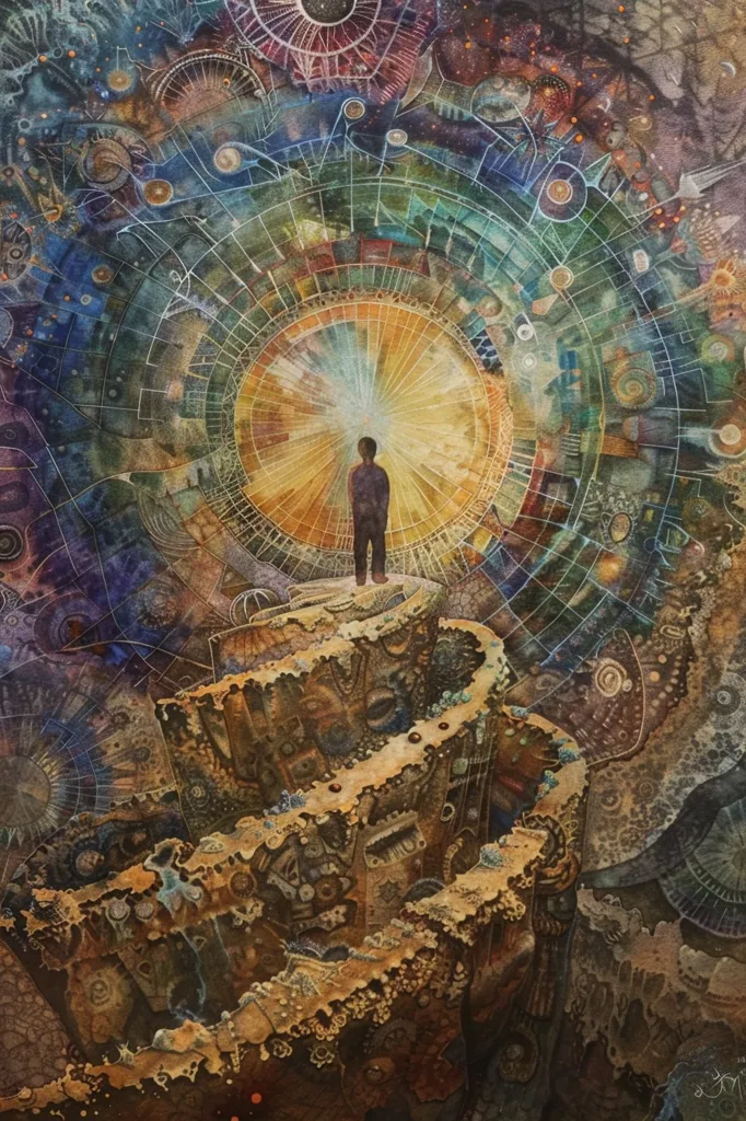 The painting depicts a surreal landscape with a single figure standing on a rocky outcrop. The background is a complex, swirling pattern of circles, lines, and shapes in shades of blue, green, and brown. In the center of the image, a bright yellow light shines through the intricate patterns, creating a sense of wonder and mystery. The overall effect is one of  spiritual enlightenment and the vastness of the universe.