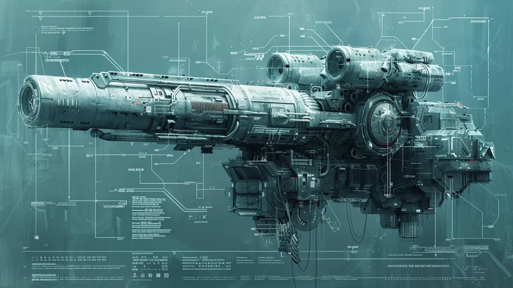 The image depicts a futuristic, gray spaceship hovering against a teal background. The spaceship is detailed with intricate machinery, including a long barrel with a cylindrical chamber at the front. Its design is reminiscent of a tank or a gun.  The background is a technical diagram with lines and numbers suggesting a blueprint or technical data. The image evokes a sense of advanced technology and space exploration.