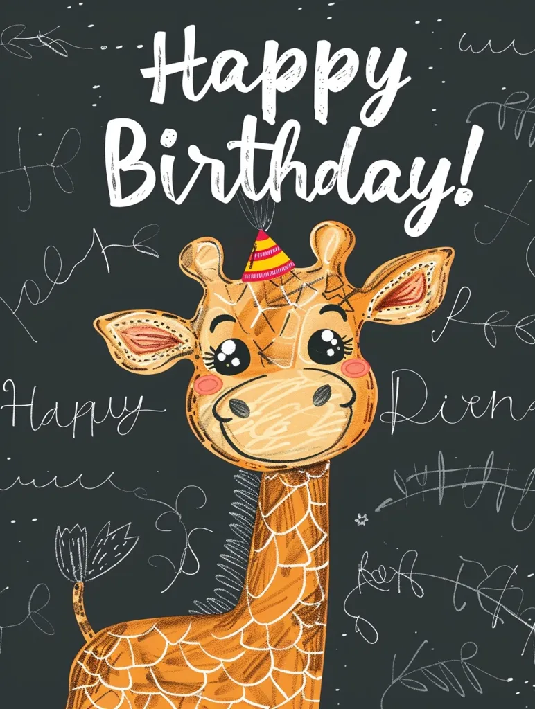 The image features a cute giraffe with a party hat on a black background. The giraffe is drawn in a cartoon style and has large, expressive eyes. The words "Happy Birthday!" are written in large, white letters at the top of the image, creating a festive and celebratory feel. The background is filled with scribbled lines and dots, which add a playful and whimsical touch. The image is perfect for a birthday card or celebration.