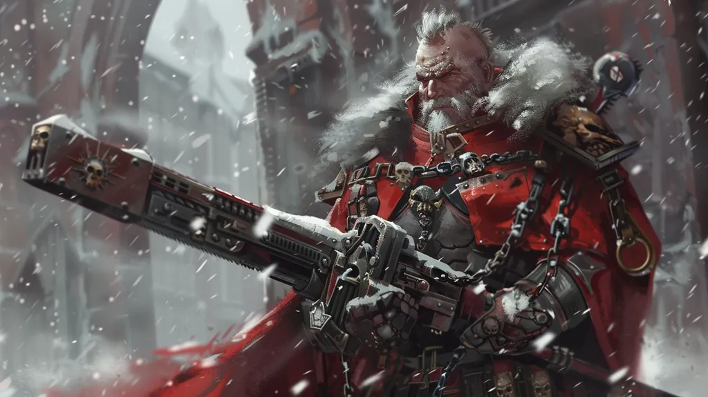 A grizzled warrior with a long white beard, clad in red armor and a fur-lined cloak, holds a large, intricately designed weapon. The scene is set in a snowy, urban environment. The warrior's face is weathered and determined, reflecting a life of hardship and combat. His weapon, a futuristic heavy machine gun, is adorned with skulls and intricate details.  The falling snow creates a dramatic backdrop, highlighting the warrior's grim determination.