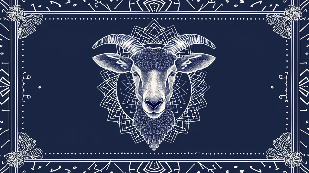 A stylized drawing of a goat's head in white against a dark blue background. The goat has large, detailed horns and a fluffy beard. The image is framed with a decorative border, featuring floral motifs and geometric patterns. The intricate designs and minimalist color scheme give the image a mystical and artistic feel.