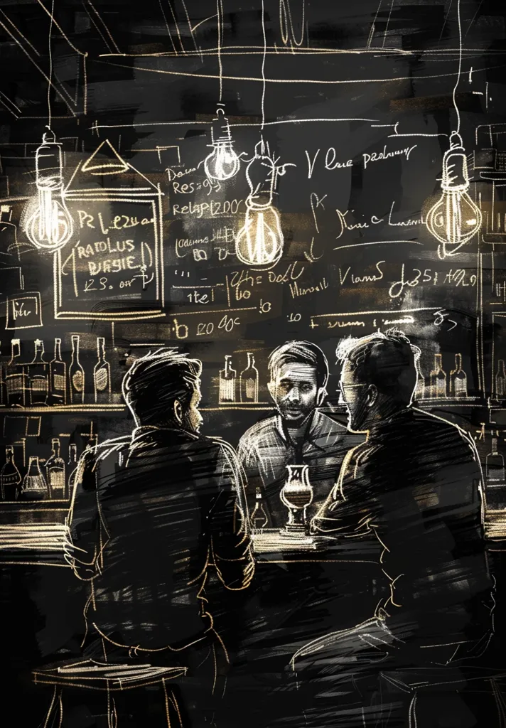 The image is a sketch of a bar scene. Three men are seated at the bar, with one facing the viewer. They are drawn in white on a black background, and there are rows of bottles behind them. The bar is illuminated by hanging light bulbs, and a chalkboard behind them has handwritten notes, prices, and other information. The sketch evokes a casual and lively atmosphere.