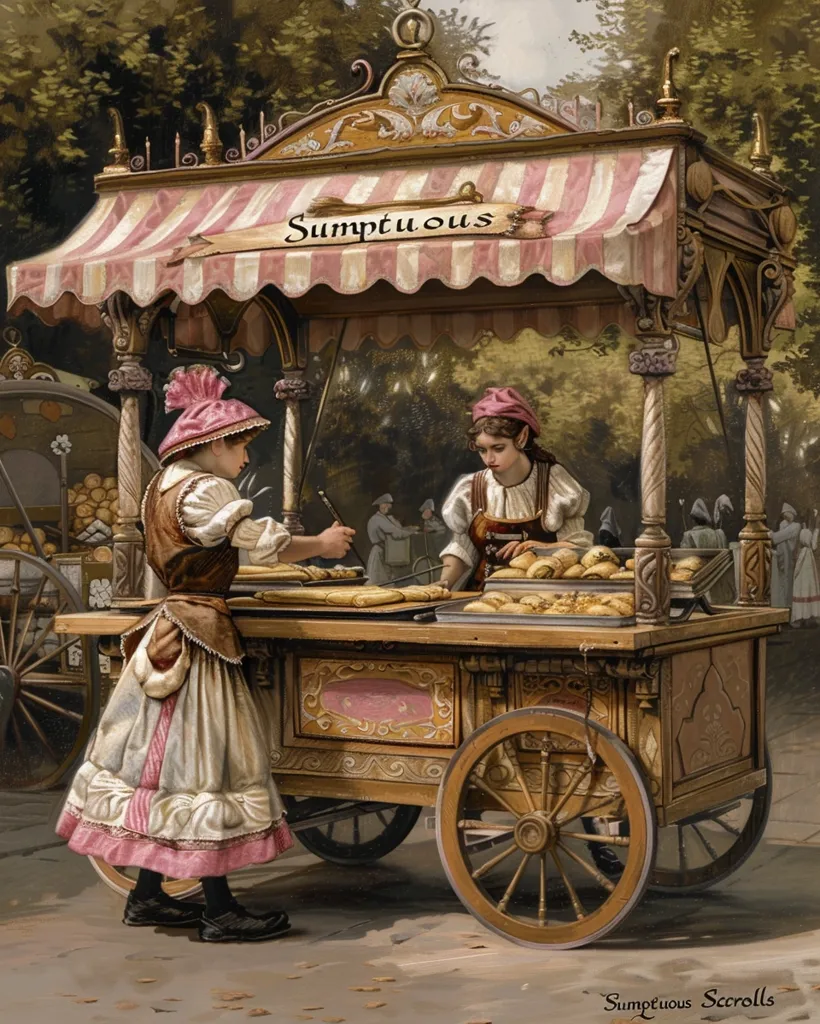 The image depicts a beautifully ornate food cart with a striped awning labeled "Sumptuous."  Two women, one dressed in a brown vest and pink skirt, the other in a white apron, are at the cart, possibly buying or selling goods. The cart is intricately carved and decorated, and is pulled by a pair of horses. The scene is set in a park, with trees and other people in the background. The painting is likely meant to evoke a sense of old-fashioned charm and romanticism.