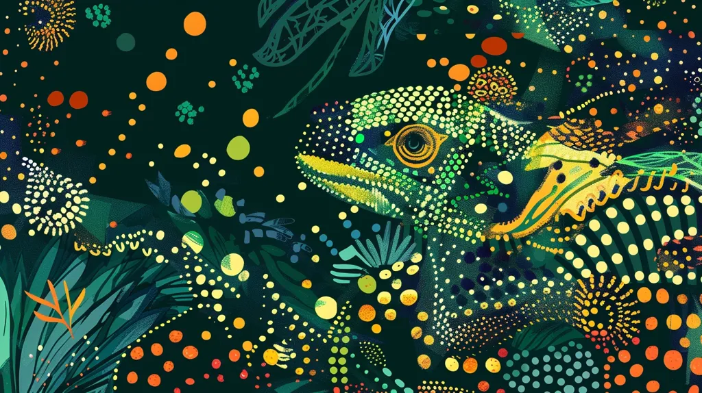 The image depicts a vibrant, abstract pattern featuring a chameleon-like creature with a textured, green and yellow body against a dark green background. The creature is surrounded by a mix of foliage, small dots, and swirls in various shades of green, yellow, orange, and blue, creating a visually captivating and intricate design.