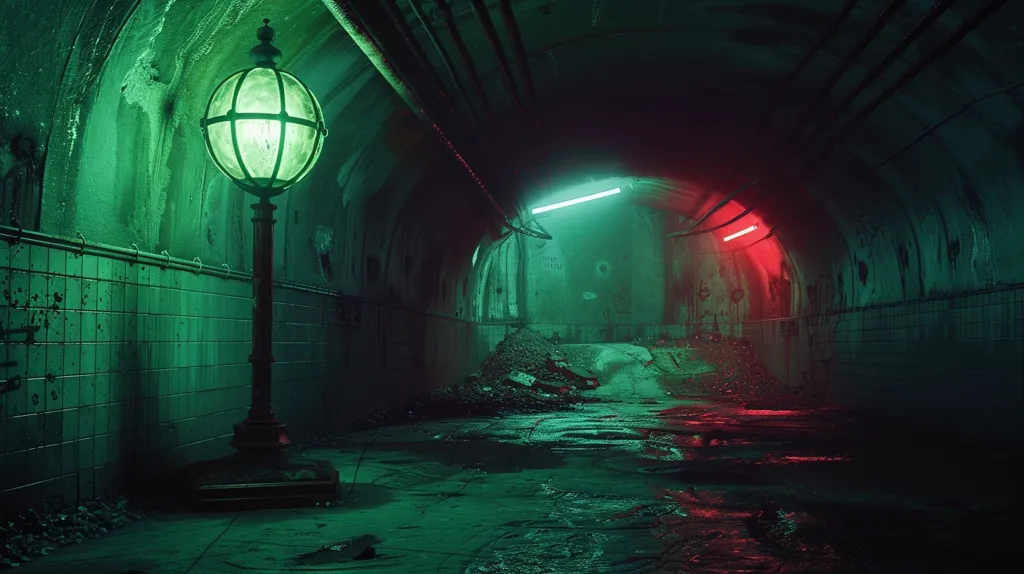 The image shows a dark, abandoned tunnel illuminated by a single green street lamp on the left and a red light source further down the tunnel. The walls are covered in peeling paint and dirt, and the floor is wet and uneven. The tunnel looks eerie and desolate, creating a sense of mystery and decay.  The contrasting colors of green and red add to the overall sinister atmosphere.