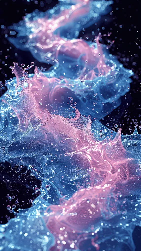 A vibrant, abstract image featuring a dynamic swirl of blue and pink liquid, creating a mesmerizing interplay of light and shadow. The water appears translucent, revealing countless droplets and shimmering bubbles. The contrasting colors and fluid motion evoke a sense of energy and fluidity. The dark background emphasizes the liquid's luminescence, adding to the image's ethereal quality.